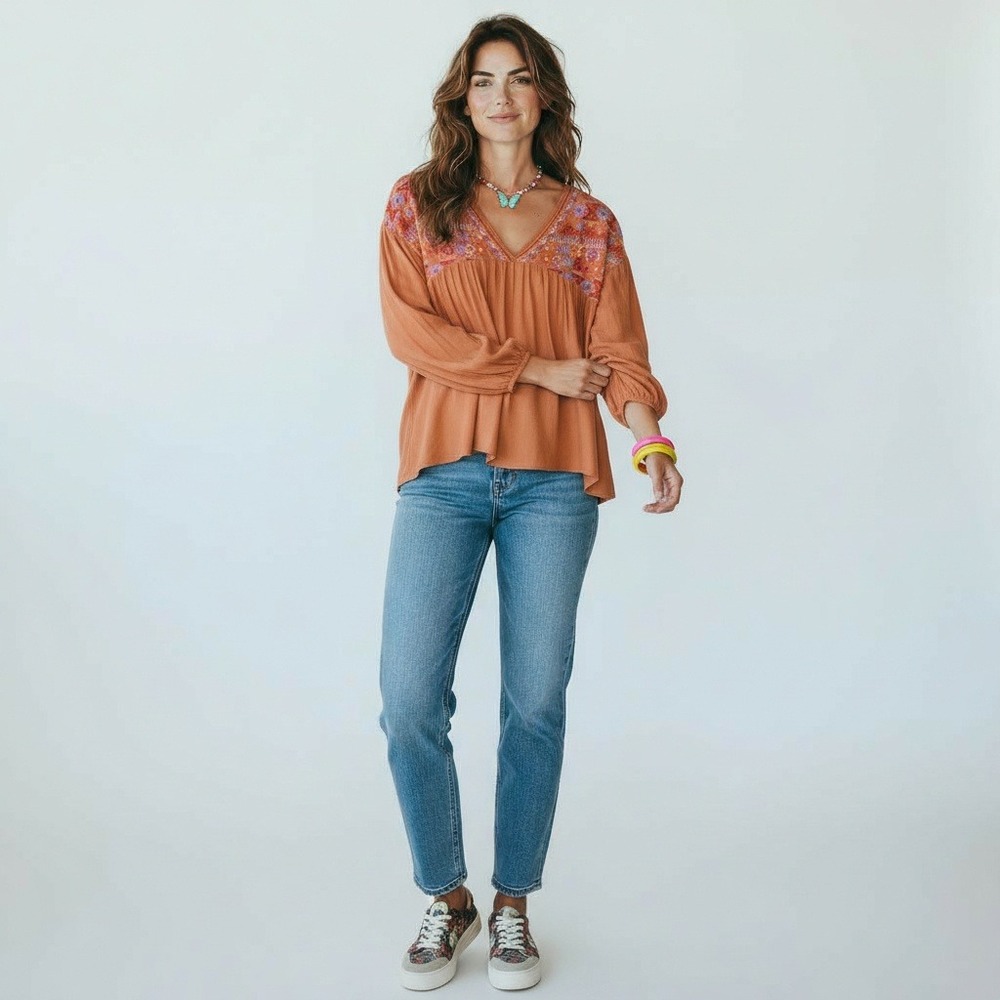 Savanna Jane Embroidered Boho V Neck Tunic Top Rust Orange Long Sleeve Size S